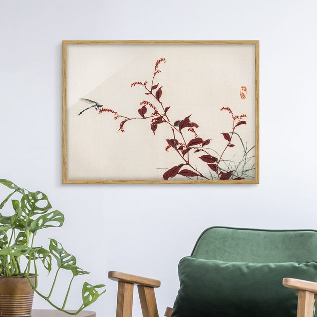 decoraçoes cozinha Asian Vintage Drawing Red Branch With Dragonfly