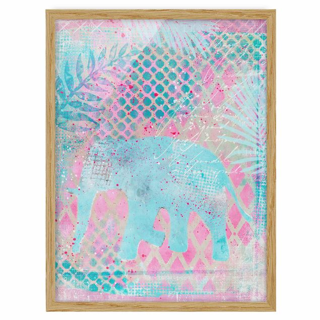 Quadros com moldura flores Colourful Collage - Elephant In Blue And Pink