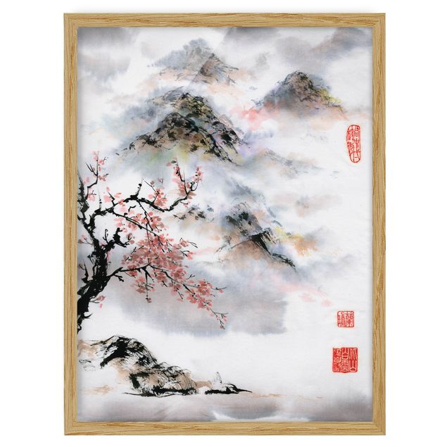 Quadros paisagens Japanese Watercolour Drawing Cherry Tree And Mountains