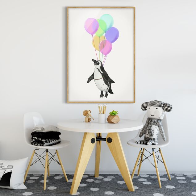 Quadros com moldura animais Illustration Penguin Pastel Balloons