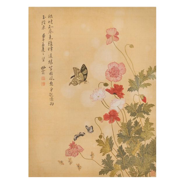 quadro de borboletas Yuanyu Ma - Poppy Flower And Butterfly