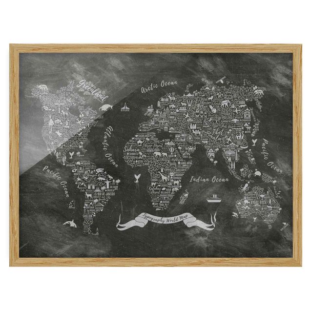 Quadros com moldura mapa-múndi Chalk Typography World Map