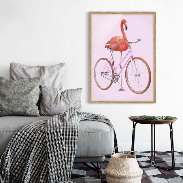 Quadros com moldura animais Flamingo With Bicycle