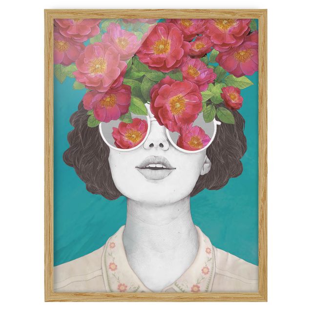 quadros modernos para quarto de casal Illustration Portrait Woman Collage With Flowers Glasses