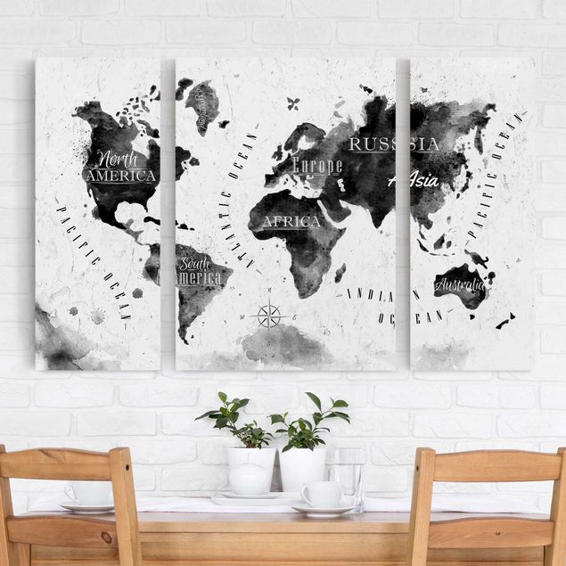 Telas decorativas em preto e branco World Map Watercolour Black