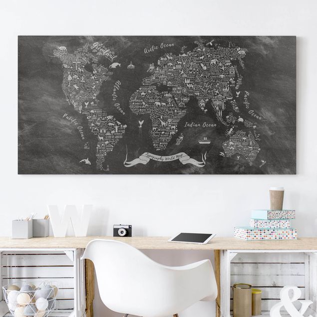 Telas decorativas em preto e branco Chalk Typography World Map