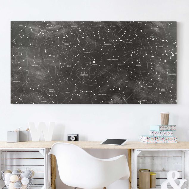 Telas decorativas em preto e branco Map Of Constellations Blackboard Look