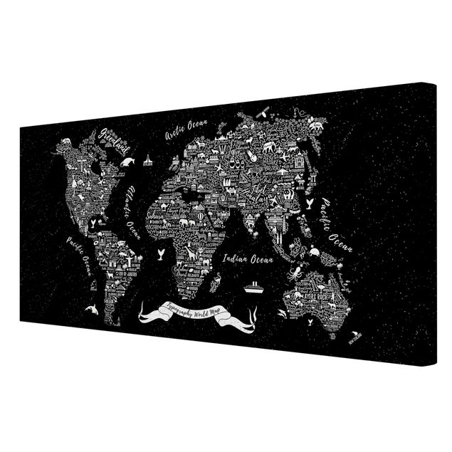 decoração quadros Typography World Map Black