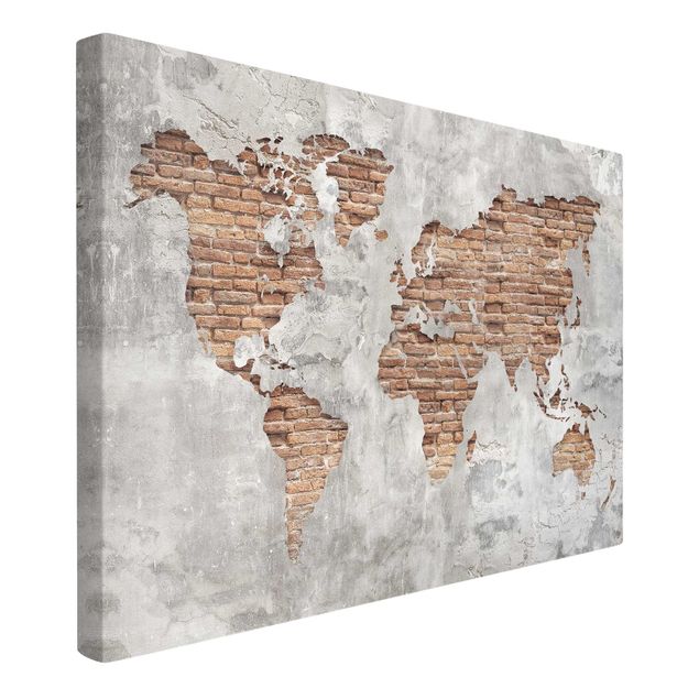 quadros 3d efeito tridimensional Shabby Concrete Brick World Map