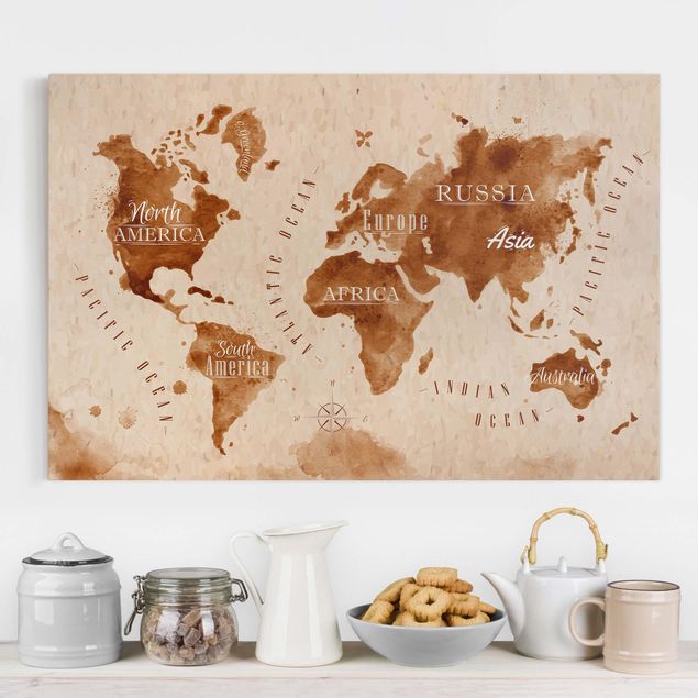 decoraçao para parede de cozinha World Map Watercolour Beige Brown