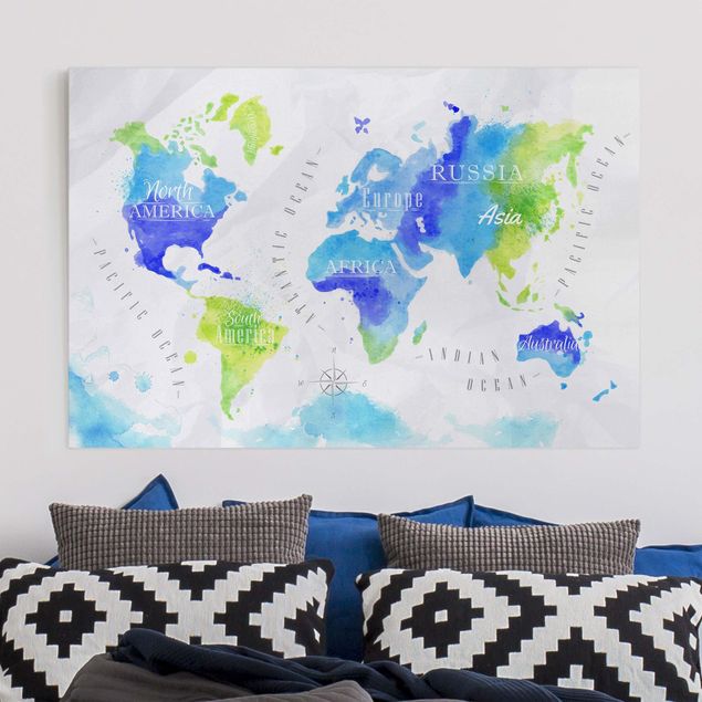 decoraçao para parede de cozinha World Map Watercolour Blue Green