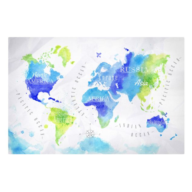quadro em tons de azul World Map Watercolour Blue Green
