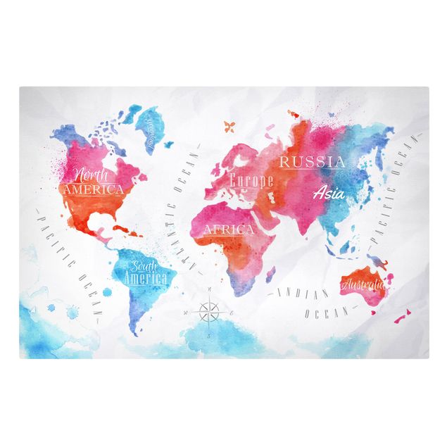 quadros azuis World Map Watercolour Red Blue