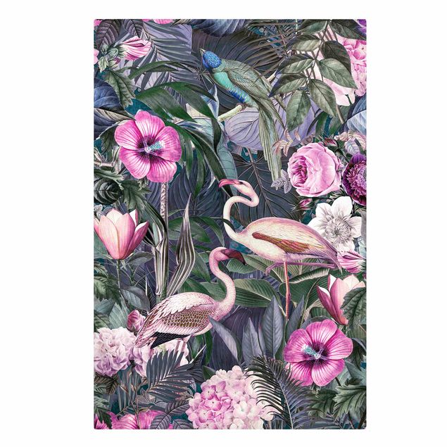 Telas decorativas flores Colourful Collage - Pink Flamingos In The Jungle