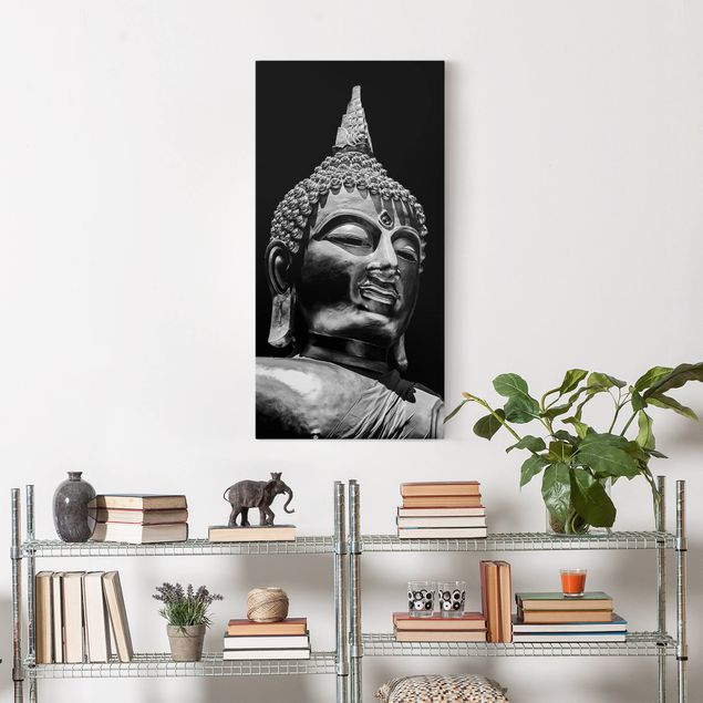 Telas decorativas em preto e branco Buddha Statue Face