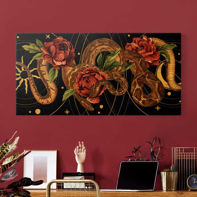 Telas decorativas flores Snakes With Roses On Black And Gold I