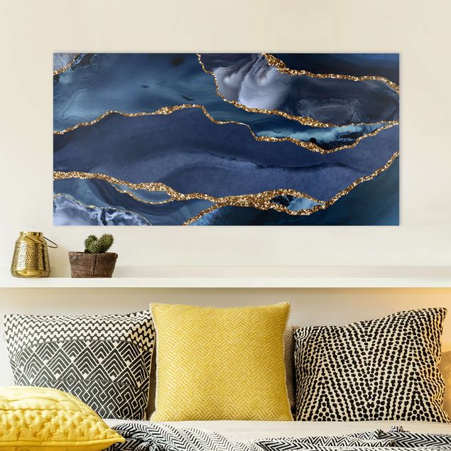 decoraçao cozinha Golden Glitter Waves Blue Backdrop