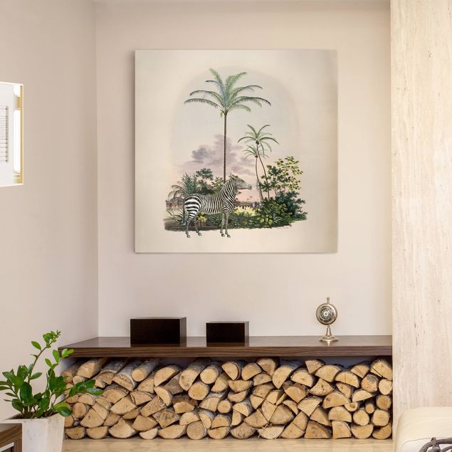 Telas decorativas pôr-do-sol Zebra Front Of Palm Trees Illustration