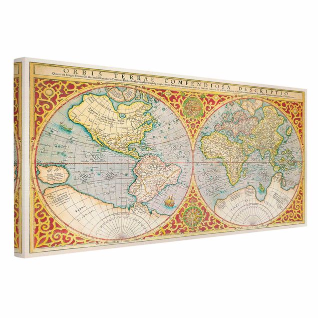 Telas decorativas vintage Historic World Map Orbis Descriptio Terrare Compendiosa