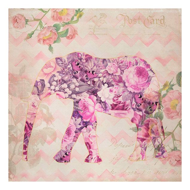 Telas decorativas borboletas Vintage Collage - Pink Flowers Elephant