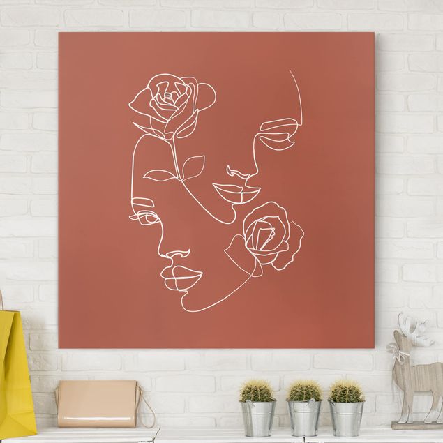 Quadros vermelhos Line Art Faces Women Roses Copper