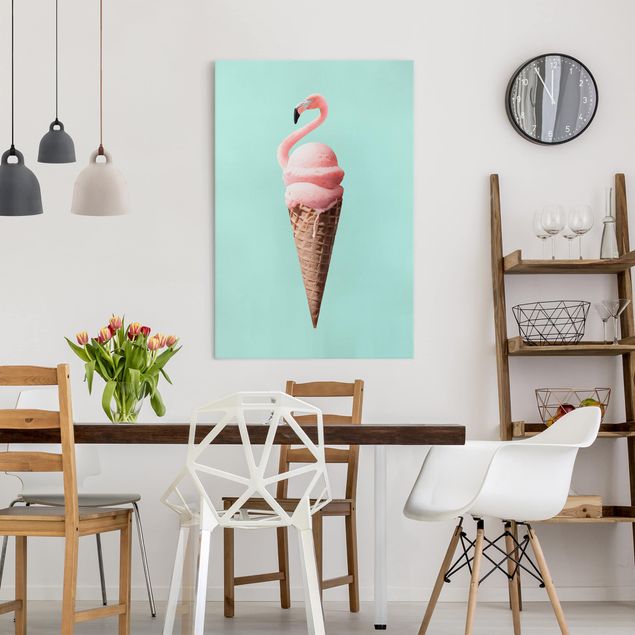 Telas decorativas réplicas de quadros famosos Ice Cream Cone With Flamingo