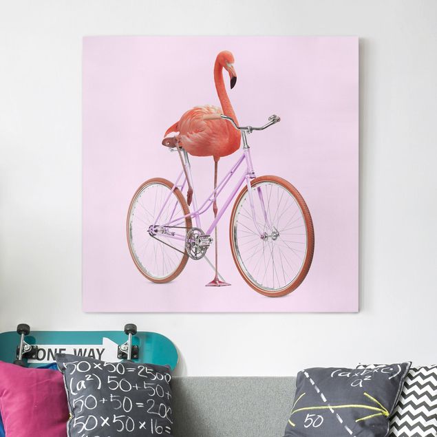 decoraçao para parede de cozinha Flamingo With Bicycle