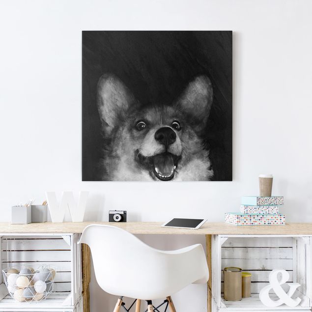 Telas decorativas cães Illustration Dog Corgi Paintig Black And White