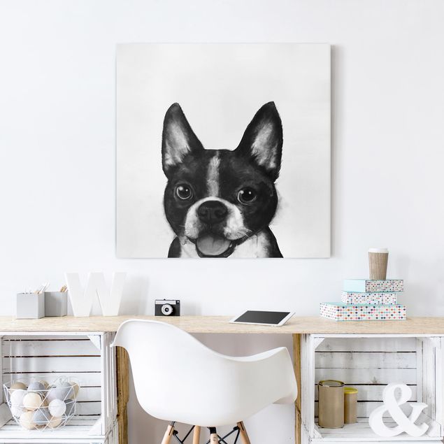 Telas decorativas cães Illustration Dog Boston Black And White Painting