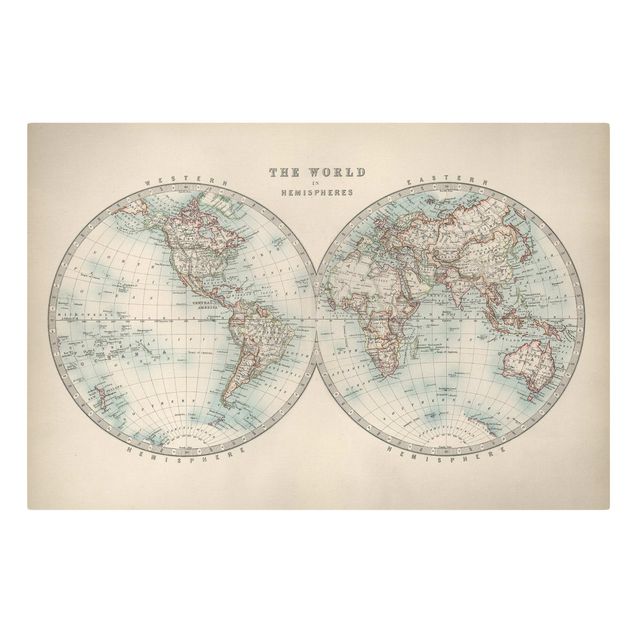 quadros para parede Vintage World Map The Two Hemispheres