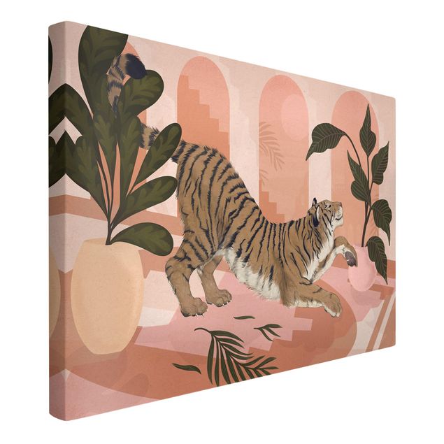 Telas decorativas réplicas de quadros famosos Illustration Tiger In Pastel Pink Painting