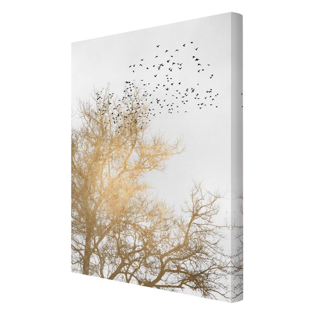 Telas decorativas paisagens Flock Of Birds In Front Of Golden Tree
