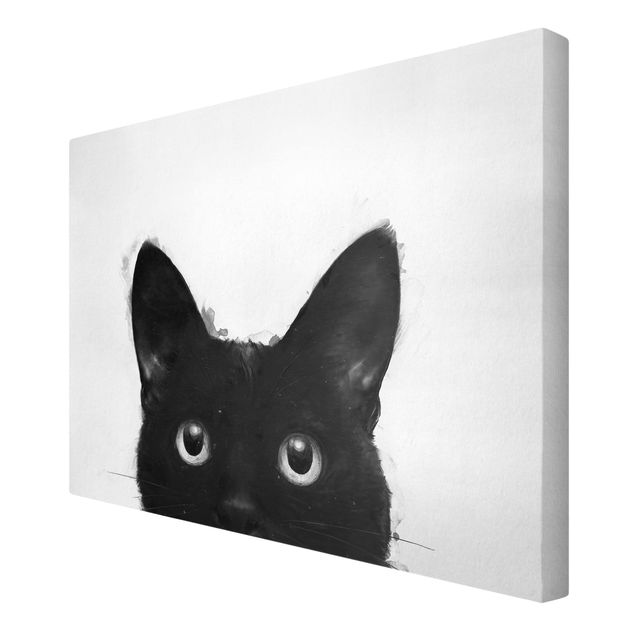 Telas decorativas em preto e branco Illustration Black Cat On White Painting