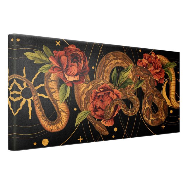 Telas decorativas Snakes With Roses On Black And Gold I