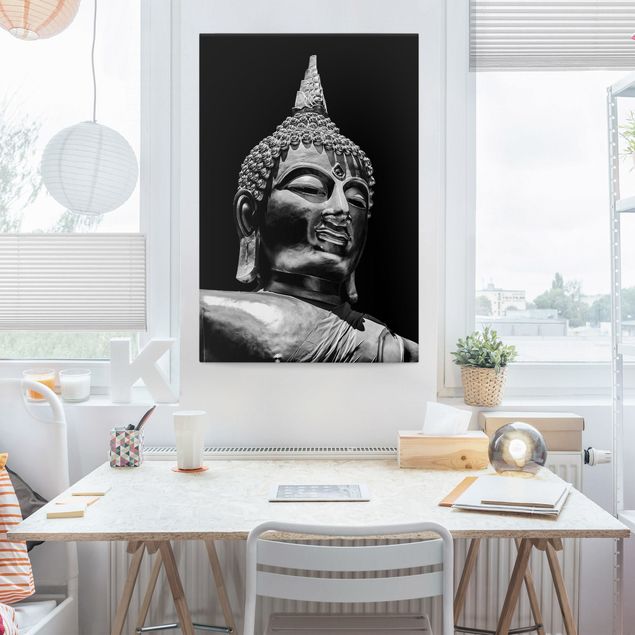 Telas decorativas em preto e branco Buddha Statue Face