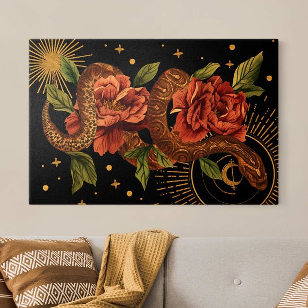 Telas decorativas flores Snakes With Roses On Black And Gold II