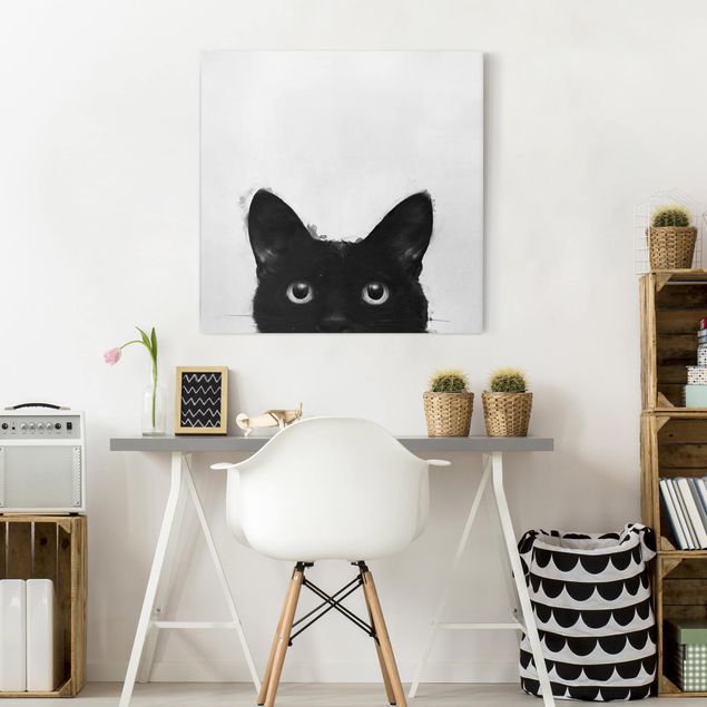 Telas decorativas gatos Illustration Black Cat On White Painting