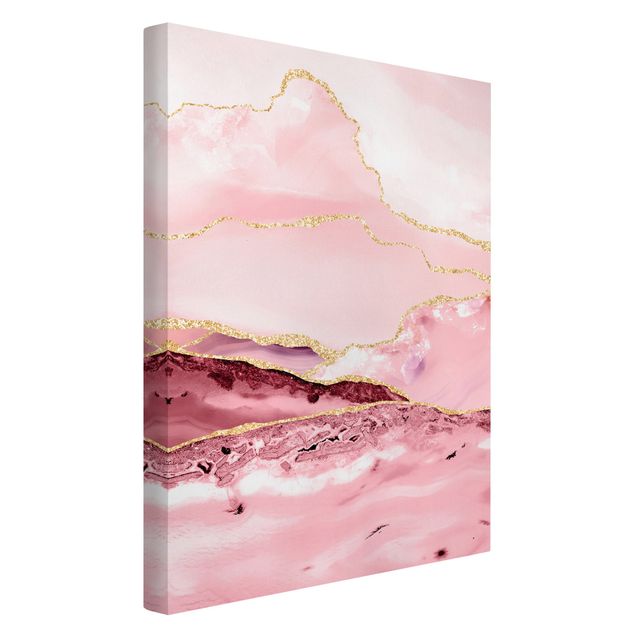 Quadros montanhas Abstract Mountains Pink With Golden Lines