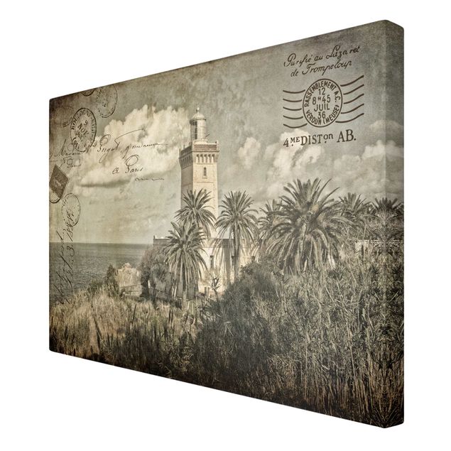 Telas decorativas paisagens Vintage Postcard With Lighthouse And Palm Trees