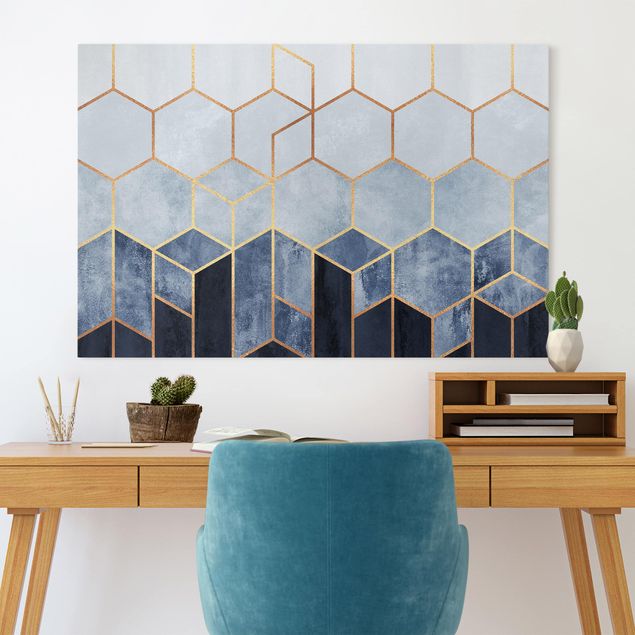 decoraçao para parede de cozinha Golden Hexagons Blue White