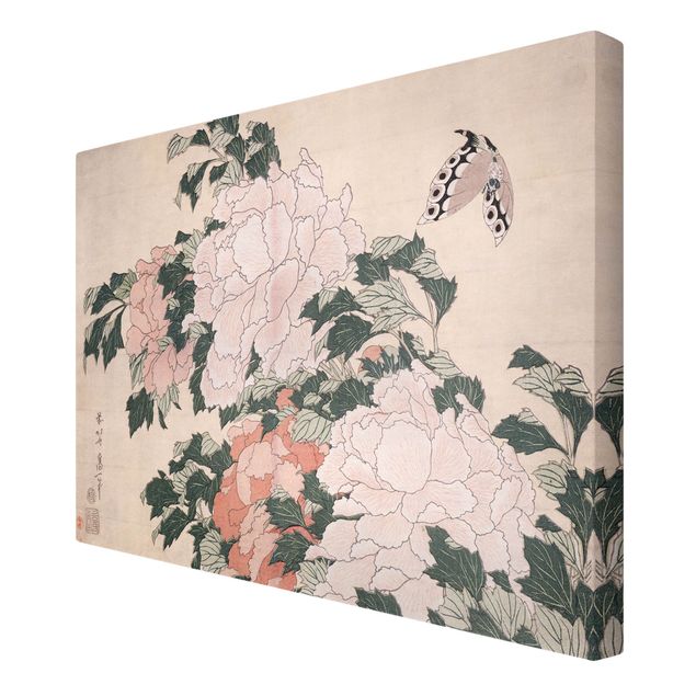 Telas decorativas flores Katsushika Hokusai - Pink Peonies With Butterfly