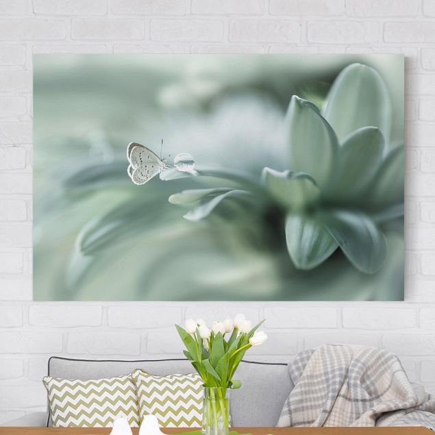 decoraçao para parede de cozinha Butterfly And Dew Drops In Pastel Green