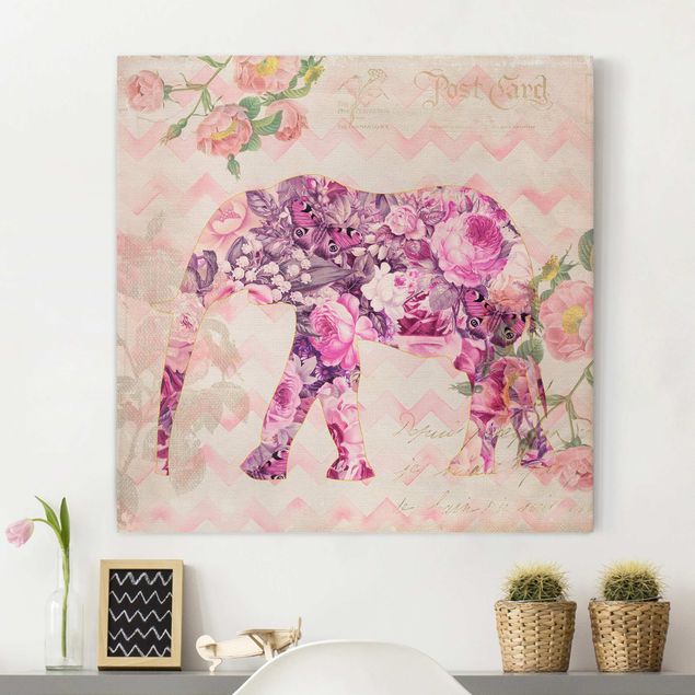 Telas decorativas elefantes Vintage Collage - Pink Flowers Elephant