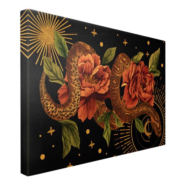 Telas decorativas Snakes With Roses On Black And Gold II