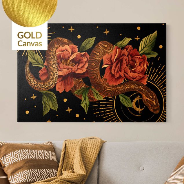 Telas decorativas rosas Snakes With Roses On Black And Gold II