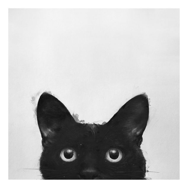 Telas decorativas em preto e branco Illustration Black Cat On White Painting