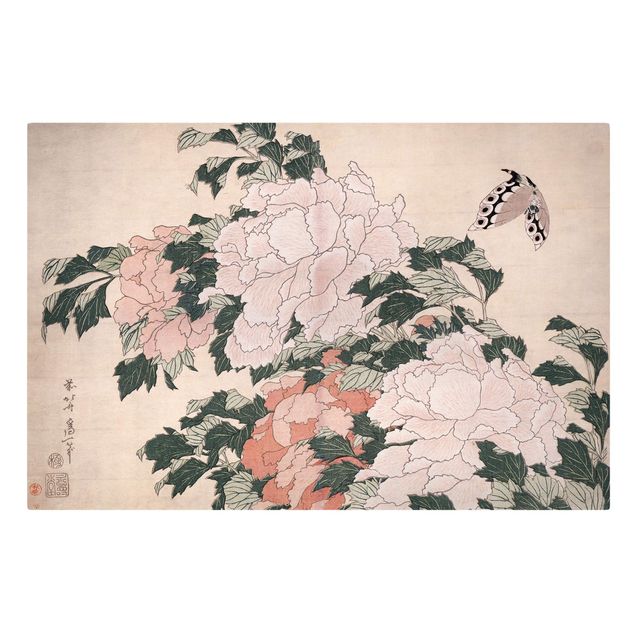 Quadros por movimento artístico Katsushika Hokusai - Pink Peonies With Butterfly