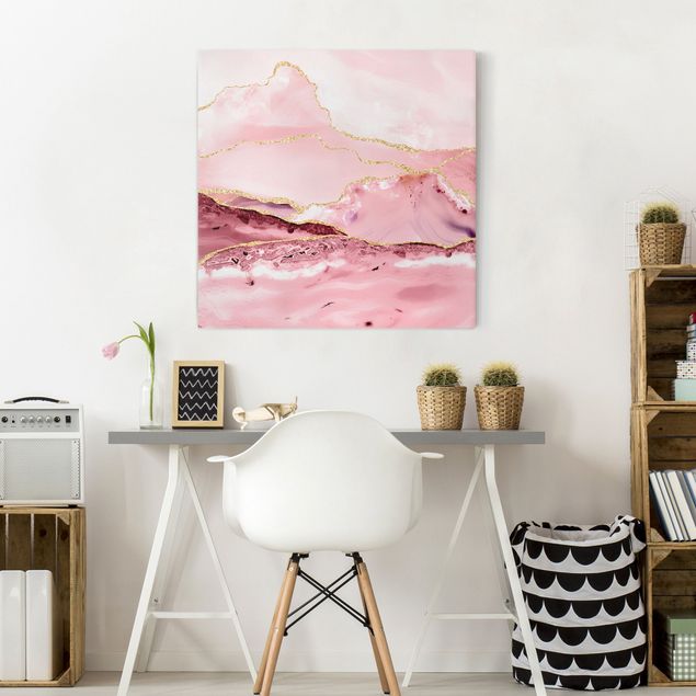 Telas decorativas montanhas Abstract Mountains Pink With Golden Lines