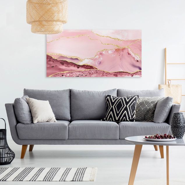 Telas decorativas imitação pedra Abstract Mountains Pink With Golden Lines
