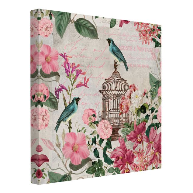 Quadros florais Shabby Chic Collage - Pink Flowers And Blue Birds